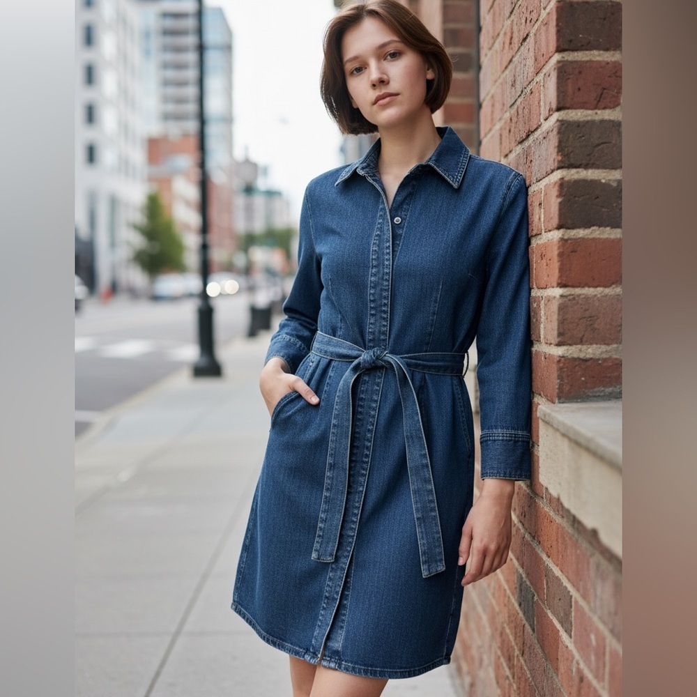 BANANA REPUBLIC Denim Dress Dark Rinse Belted Pockets VGC Women’s Large